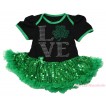 St Patrick's Day Black Baby Bodysuit Bling Kelly Green Sequins Pettiskirt & Sparkle Rhinestone Love Clover Print JS4377